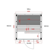 Savne Štrus Pure Innensauna - Minimalistisches Design 21×90mm Grundriss mit Maßen, Holzaufbau, Glastür