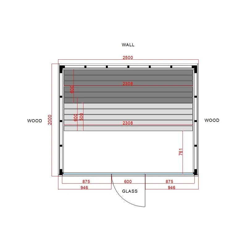 Savne Štrus Pure Innensauna - Minimalistisches Design 21×90mm Grundriss mit Maßangaben, Holzwänden und Glastür