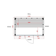Pure Innensauna Minimalistisches Design 21×90mm von Savne Štrus – Grundriss mit Maßen, Holzrahmen, Glastür und Wandbefestigung