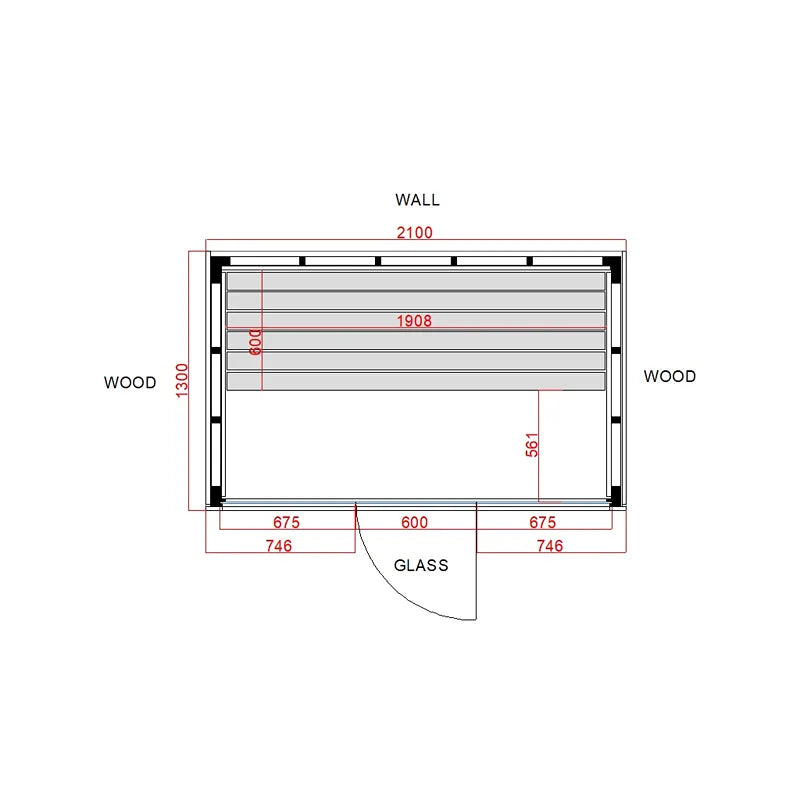 Pure Innensauna Minimalistisches Design 21×90mm von Savne Štrus – Grundriss mit Maßen, Holzrahmen, Glastür und Wandbefestigung