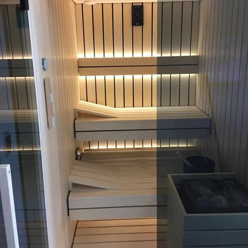 Savne Štrus Pure Innensauna - Minimalistisches Design 21×90mm mit Holzbänken, LED-Beleuchtung und Glastür