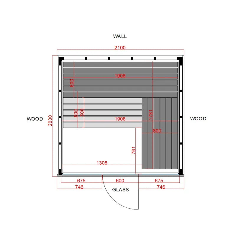 Savne Štrus Pure Innensauna - Minimalistisches Design 21×90mm Grundriss mit Maßen, Holzaufbau und Glaselementen