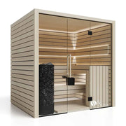 Savne Štrus Pure Innensauna - Minimalistisches Design 21×90mm mit Holzlatten, Glastür und schwarzem Saunaofen