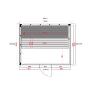 Savne Štrus Pure Innensauna - Minimalistisches Design 21×90mm Grundriss mit Maßen, Holz- und Glaselementen