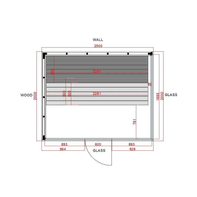 Savne Štrus Pure Innensauna - Minimalistisches Design 21×90mm Grundriss mit Maßen, Holz- und Glaselementen