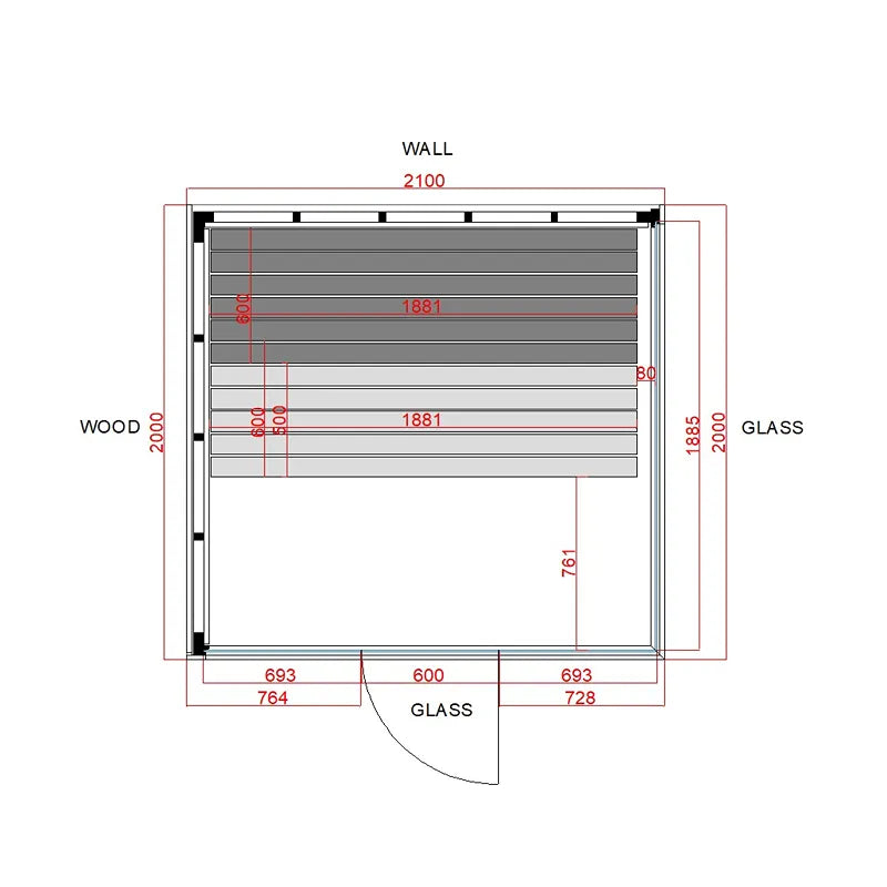 Savne Štrus Pure Innensauna - Minimalistisches Design 21×90mm Grundriss mit Maßen, Holzwänden und Glasflächen
