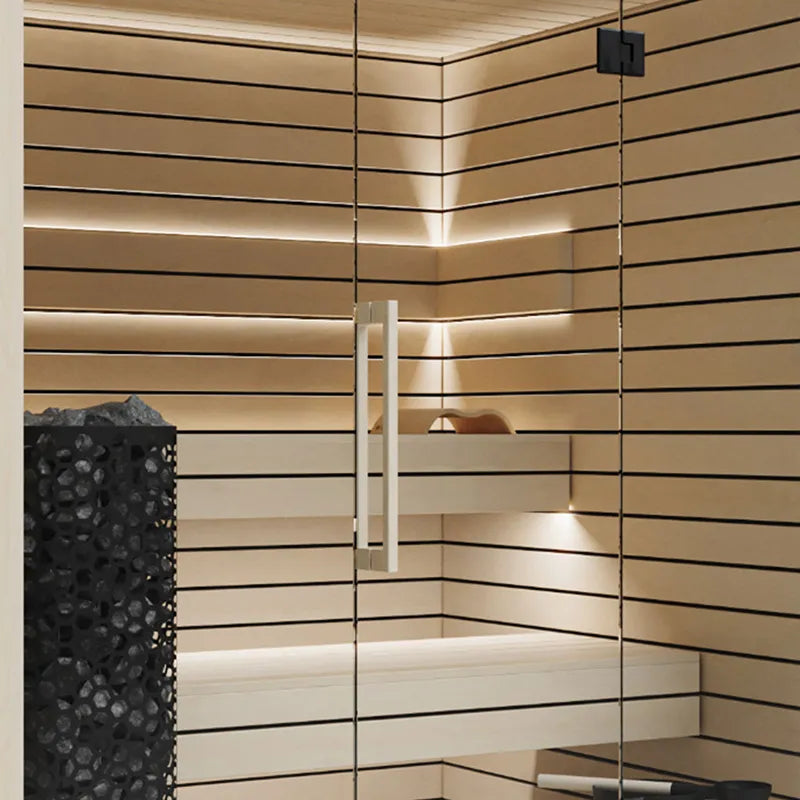 Savne Štrus Pure Innensauna - Minimalistisches Design 21×90mm mit horizontalen Holzlamellen, integrierter Beleuchtung und schwarzem Saunaofen