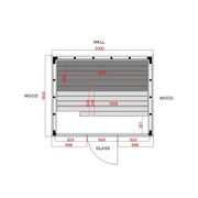 Pure Innensauna - Minimalistisches Design 21×90mm von Savne Štrus Grundriss mit Holzbänken und Glasfront