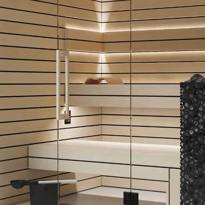 Savne Štrus Pure Innensauna - Minimalistisches Design 21×90mm mit horizontalen Holzbänken, Glastür und integrierter Beleuchtung