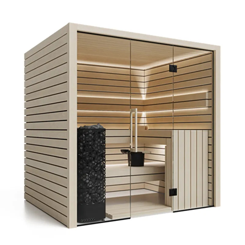 Pure Innensauna - Minimalistisches Design 21×90mm von Savne Štrus mit minimalistischem Holzdesign, Glastür und Saunaofen
