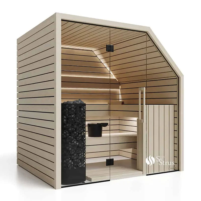 Savne Štrus Pure Innensauna - Minimalistisches Design 21×90mm mit Holzbänken, Glastür und schwarzem Saunaofen