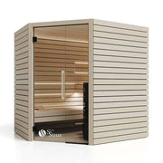 Savne Štrus Pure Innensauna - Minimalistisches Design 21×90mm mit hellem Holzrahmen, horizontalen Lamellen und Glastür