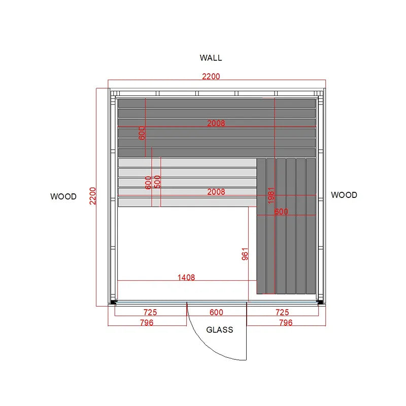 Savne Štrus Pure Innensauna - Minimalistisches Design 21×90mm Grundriss mit Maßen, Holzbänke und Glastür