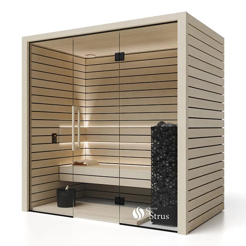 Savne Štrus Pure Innensauna - Minimalistisches Design 21×90mm mit horizontalen Holzlamellen, Glastür und Saunaofen