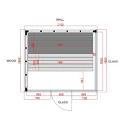 Savne Štrus Pure Innensauna - Minimalistisches Design 21×90mm Grundriss mit Maßen, Holz- und Glaskomponenten