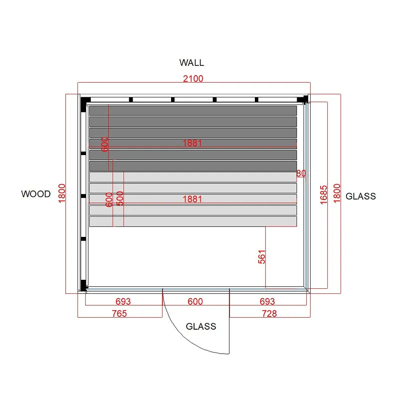 Savne Štrus Pure Innensauna - Minimalistisches Design 21×90mm Grundriss mit Maßen, Holz- und Glaskomponenten