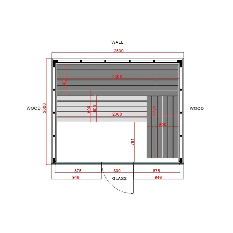 Savne Štrus Pure Innensauna - Minimalistisches Design 21×90mm Grundriss mit Maßangaben, Holzkonstruktion und Glasfront