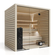 Savne Štrus Pure Innensauna - Minimalistisches Design 21×90mm mit horizontalen Holzlamellen, Glasfront und schwarzem Ofen