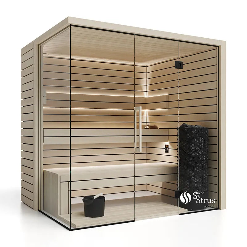 Savne Štrus Pure Innensauna - Minimalistisches Design 21×90mm mit Holzbanken, Glastür und moderner LED-Beleuchtung