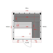 Pure Innensauna - Minimalistisches Design 21×90mm von Savne Štrus Grundriss mit Maßen, Holzbank und Glasfront