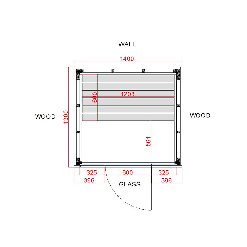 Pure Innensauna - Minimalistisches Design 21×90mm von Savne Štrus Grundriss mit Maßen: 1400mm Breite, 1300mm Höhe, Holzwände, Glastür
