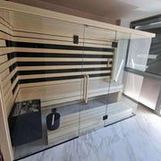 Savne Štrus Pure Innensauna - Minimalistisches Design 21×90mm mit Glasfront und Holzbänken in modernem Badezimmer