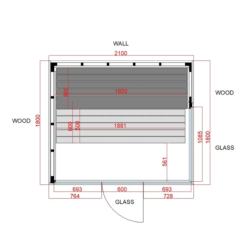 Pure Innensauna - Minimalistisches Design 21×90mm von Savne Štrus Grundriss mit Maßangaben