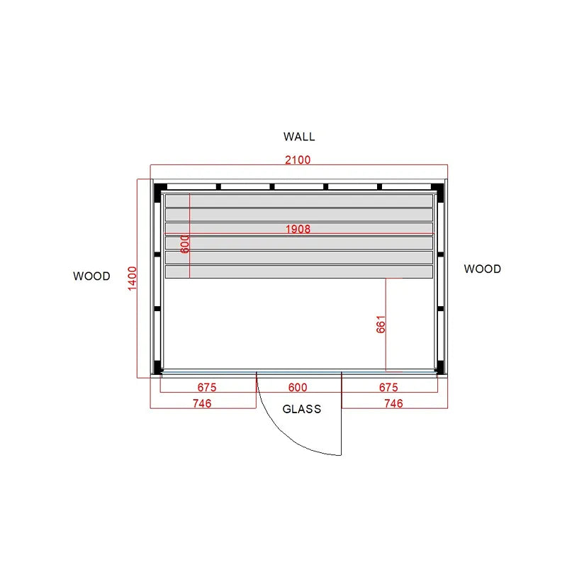 Savne Štrus Pure Innensauna - Minimalistisches Design 21×90mm Grundriss mit Maßen, Holzkonstruktion und Glaselement