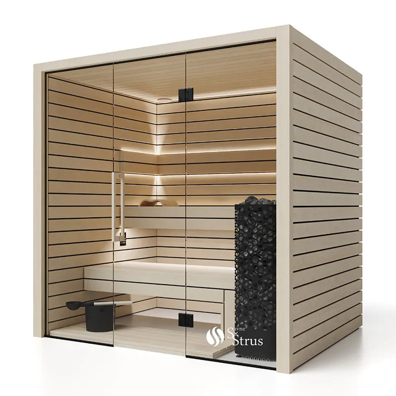 Savne Štrus Pure Innensauna - Minimalistisches Design 21×90mm mit Holzbänken, Glastür und integriertem Ofen