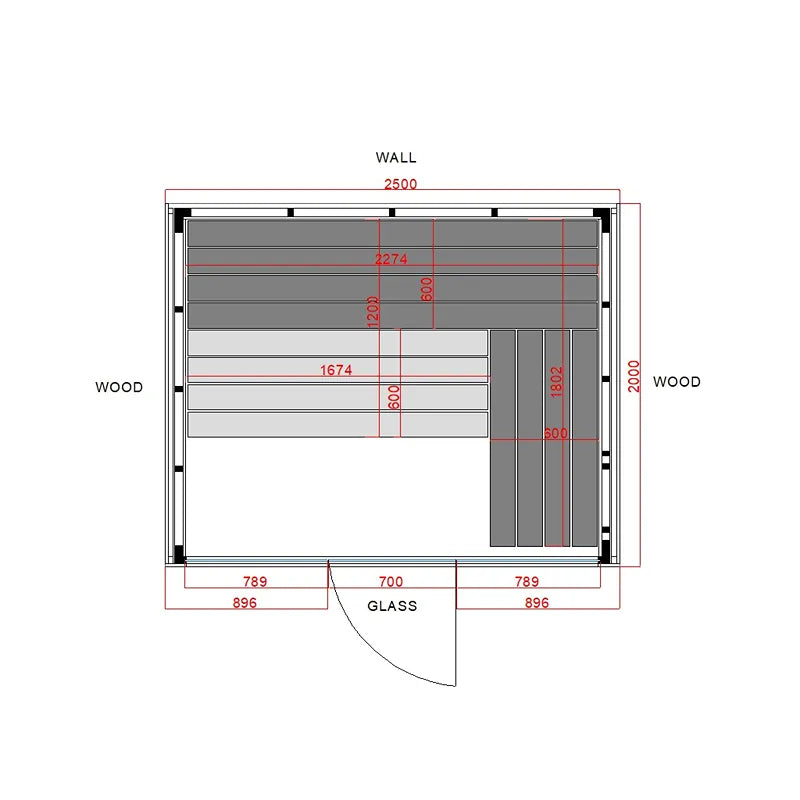 Savne Štrus Supreme Innensauna Luxuskollektion Grundriss mit Glasfront, Holzwänden und Abmessungen