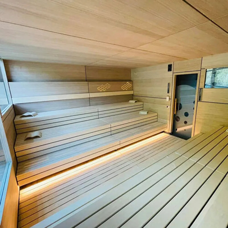 Savne Štrus Supreme Innensauna - Luxuskollektion mit Glasfront, Innenraum mit Holzbänken und moderner Steuerung