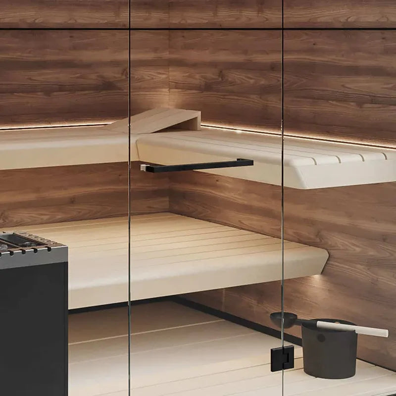 Savne Štrus Supreme Innensauna Luxuskollektion mit Glasfront, modernes Saunainneres mit Holzbänken