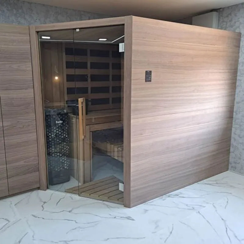 Savne Štrus Supreme Innensauna Luxuskollektion mit Glasfront in modernem Badezimmer
