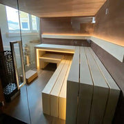 Savne Štrus Supreme Innensauna Luxuskollektion mit Glasfront, Innenansicht mit Holzbänken und LED-Beleuchtung