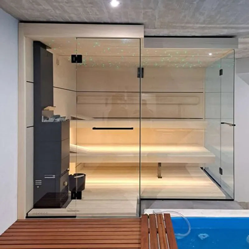 Savne Štrus Supreme Innensauna Luxuskollektion mit Glasfront, moderner Innenraum mit Holzbänken und LED-Beleuchtung