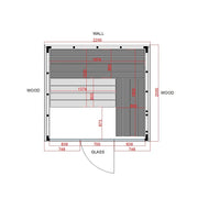 Savne Štrus Supreme Innensauna Luxuskollektion Grundriss mit Glasfront, Maße 2200x2200mm