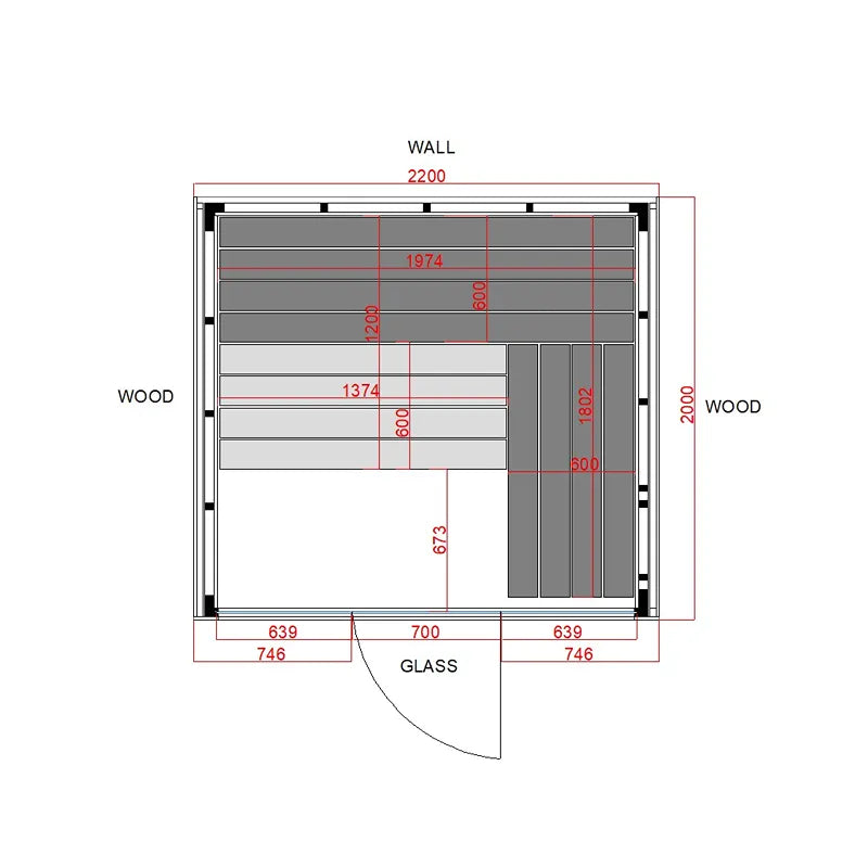 Savne Štrus Supreme Innensauna Luxuskollektion Grundriss mit Glasfront, Maße 2200x2200mm