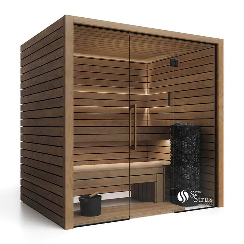 Savne Štrus Termo Pure Innensauna - Wärmebehandeltes Holz mit horizontalen Holzleisten, Glastür und Holzbänken