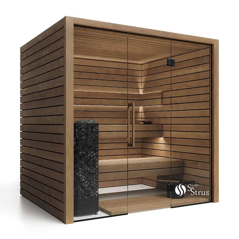 Savne Štrus Termo Pure Innensauna - Wärmebehandeltes Holz mit Glastür, Holzbänken und schwarzem Ofen