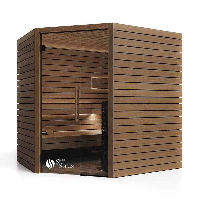 Savne Štrus Termo Pure Innensauna mit wärmebehandeltem Holz, moderne Saunakabine mit Glastür und Holzbänken