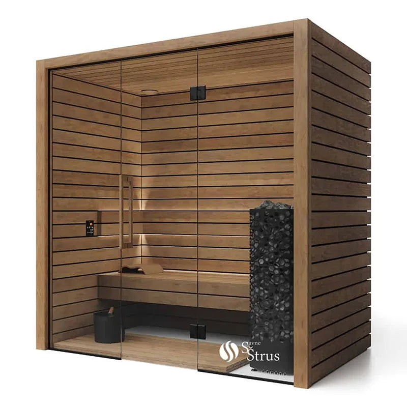 Termo Pure Innensauna - Wärmebehandeltes Holz von Savne Štrus mit Glastür, Holzbänken und Saunaofen