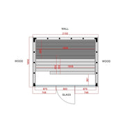 Termo Pure Innensauna von Savne Štrus - Grundriss mit Holzbanken und Glastür, Maße 2100x1600mm