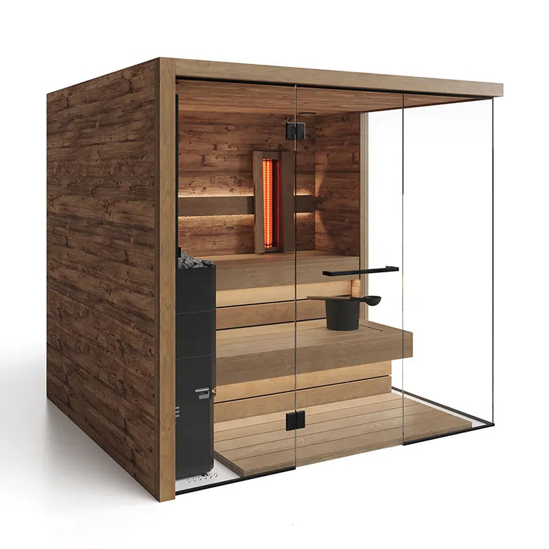 Savne Štrus Tyrol Innensauna - Alpenländisches Design mit Holzverkleidung, Glastür und rotem Infrarotheizer