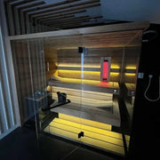 Savne Štrus Tyrol Innensauna - Alpenländisches Design mit Glastür, Holzbänke, gelbe LED-Beleuchtung und Infrarotwärmepaneel