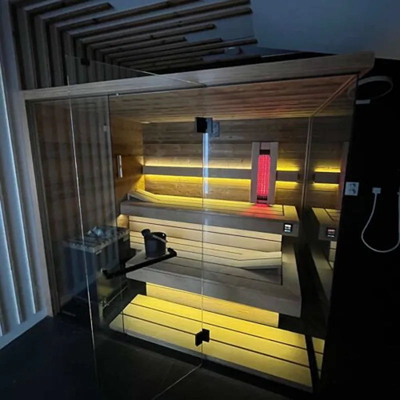 Savne Štrus Tyrol Innensauna - Alpenländisches Design mit Glastür, Holzbänke, gelbe LED-Beleuchtung und Infrarotwärmepaneel