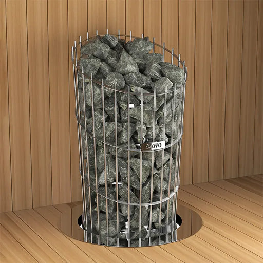 SAWO Phoenix NS Saunaofen mit Schutzgitter und Saunasteine in Holzsauna-Innenraum