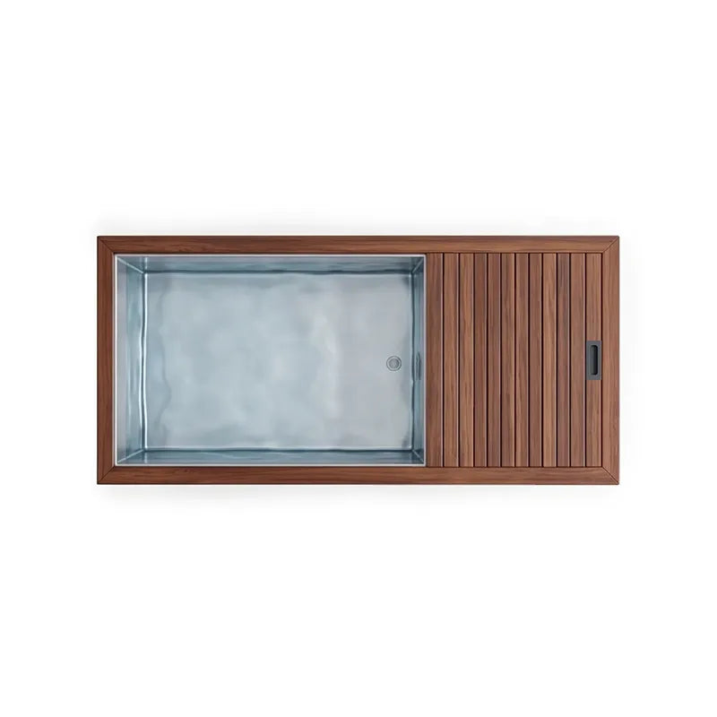 Swedish Cold Generation 4S Eisbad 190x78x87 Draufsicht mit braunem Holzrahmen und glasiertem Beckenbecken für 1 Person