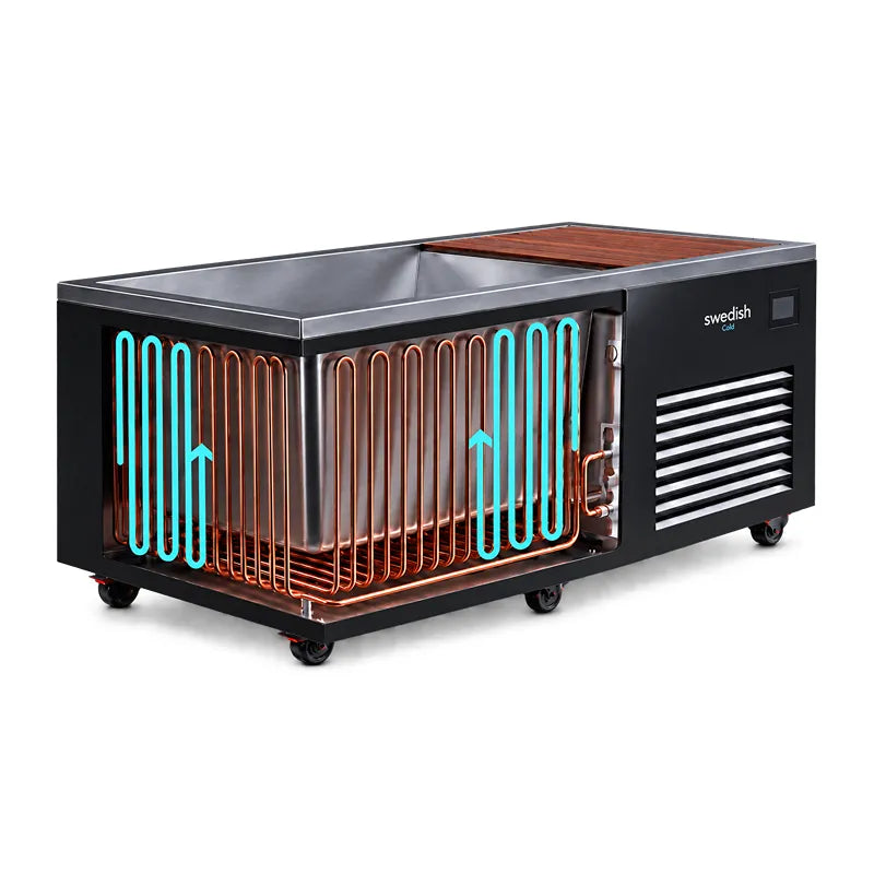 Swedish Cold Generation 5 Eisbad mit integrierter Kühlung, schwarzes Design mit leuchtend türkisen und kupferfarbenen Kühlspiralen