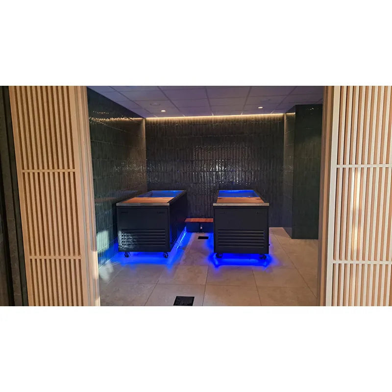Swedish Cold Generation 6 Commercial Eisbad mit zwei Becken, blauer LED-Beleuchtung und Holzauflagen in gewerblicher Spa-Anlage