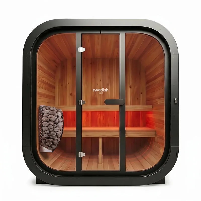 Swedish Cold Grand Escape Gartensauna 4 Personen 90°C mit Holzinnenraum, Saunaofen und Holzbänken